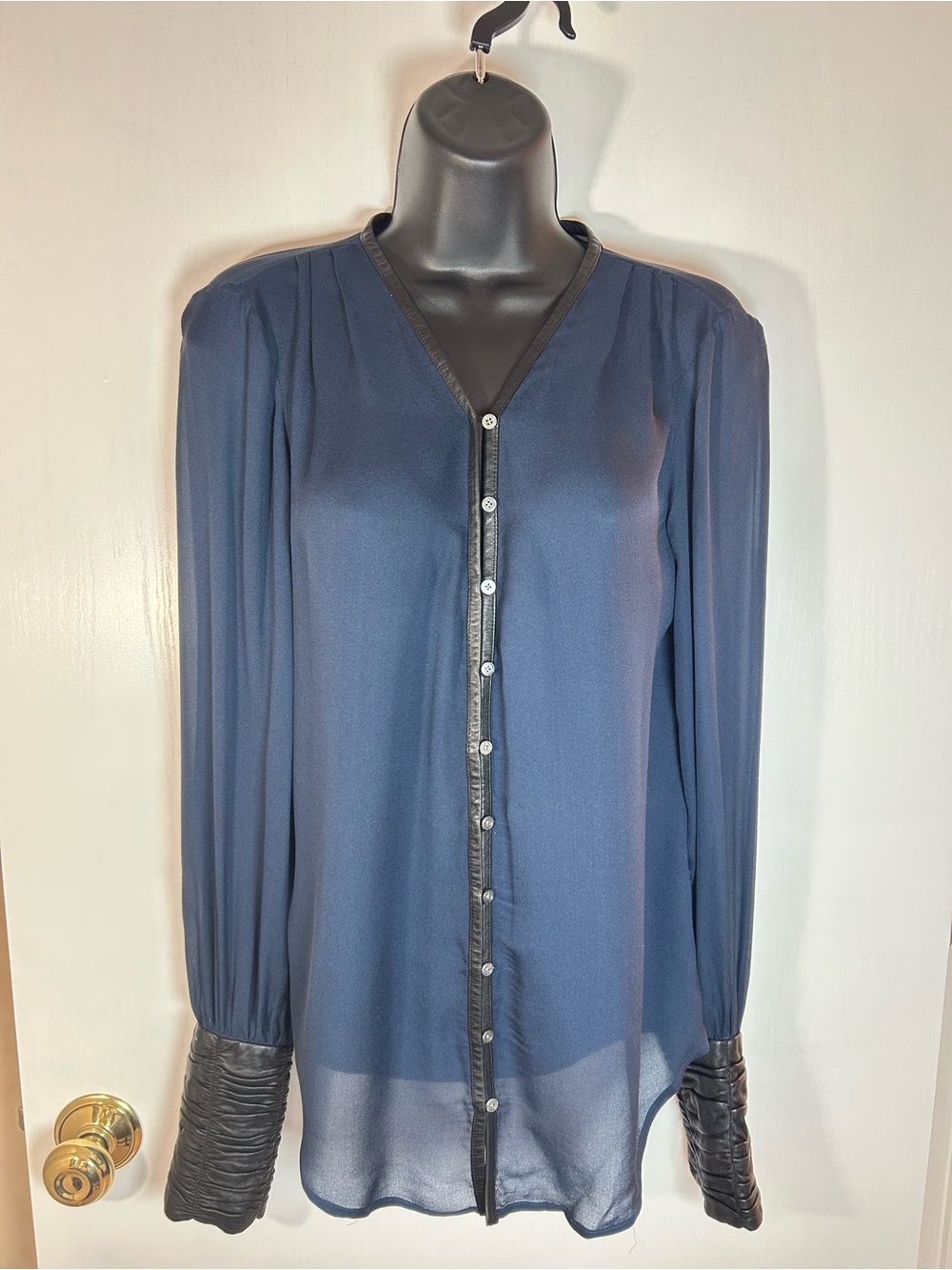 Elizabeth And James Navy Silk and Leather Chantal Blouse Size XS